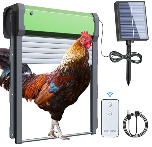 Aissom Hühnerklappe Solar Rolltor, Automatische Hühnerklappe Solar, Rolltor Automatische Hühnerklappe mit Timer, Lichtsensor, Fernbedienung, Intelligenter Einklemmschutz Automatisch Wasserdichter