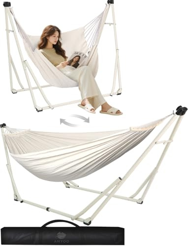 Anyoo Hamaca y sillón colgante con estructura plegable, juego de hamacas portátil para exteriores/interiores, jardín, terraza, camping