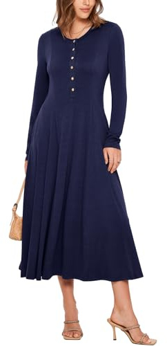 Glamaker Womens Long Sleeve Dress - 2025 Trendy Fashion Crew Neck Button Down Fit & Flare Fall Midi Dresses with Pockets, #Navy Blue, M