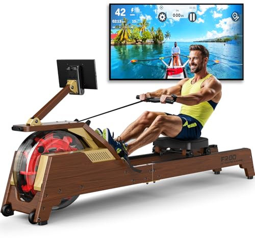 MettleMatic Rudergerät für zuhause aus massiver Eiche, Rudergerät Wasser Widerstand Mit 90° Neigung Wassertank, Bluetooth-Monitor, Tablet Halter, 180 kg Tragfähigkeit, 2 Jahre Garantie