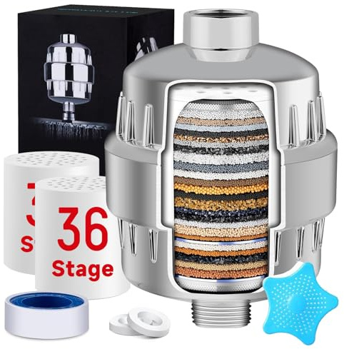 36 Stage High Output Shower Filter for Hard Water, Shower Head Filter with 2 Replaceable Cartridges, Improved of Skin and Hair, Remove Chlorine and Heavy Metals, Suitable for Children and Pets