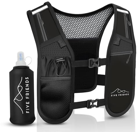 Running Vest with Water Bottle – Lightweight Reflective Hydration Vest with 6 Pockets – Adjustable Running Backpack for Men & Women, Ideal for Marathon & Night Trainings (Vest+Bottle, Unisex)