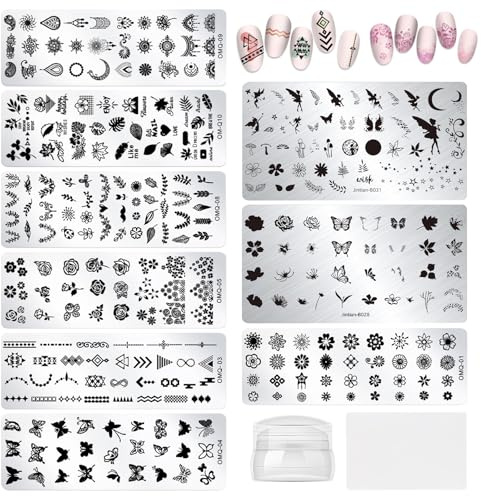 URROMA 9 st nagelstämpelplattor, fransk linje nagelstämpel blomma konst stencils fjäril mönster tryckmallar för gör-det-själv-nagelkonsttillbehör
