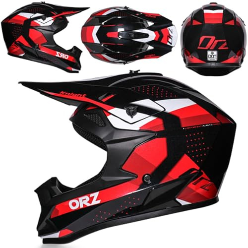 MODRYER Casco Motocross con Occhiali Guanti Maschera Bambini Gioventù Adulti Casco Integrale Cross per ATV Downhill off Road Go Kart BMX MTB MX Discesa Enduro Dirt Bike Scooter,Red-XL/58~59cm