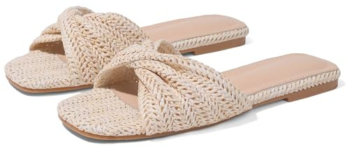 EQAUDES Women's Espadrille Flat Slides Summer Raffia Woven Slip On Sandals - Square Toe, Comfortable, Trendy, Beach, Wedding, Vacation, Dressy