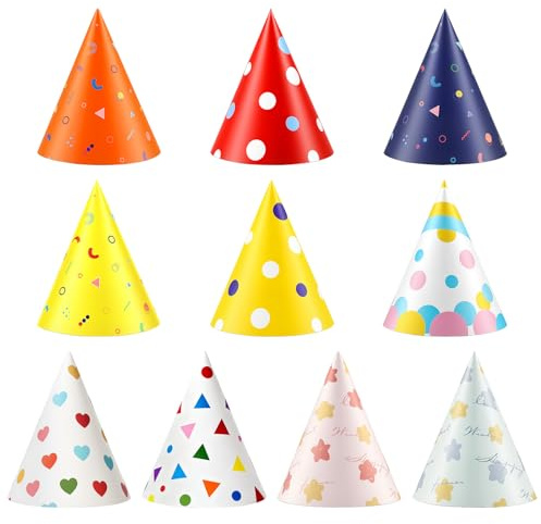 Wozzies 10 Pcs Sombreros de Fiesta de Cumpleaños, Sombreros de Fiesta Con Cono El Cordón Elástico Incorporado Evita Que Se Caiga, para Fiestas de Cumpleaños de Niños y Niñas