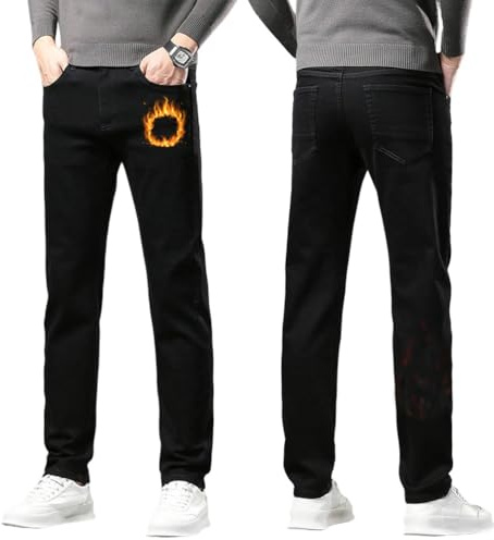 Oanviso Hombre Jeans con Forro Polar Invierno Termico Denim Cómodo Chino Pantalones de Traje Vaqueros Holgados Jean Casuales Elasticos Pantalón