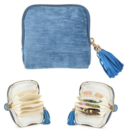 KOUHRTO Travel Jewelry Case Small with Tassel Zipper, Soft Velvet Travel Jewelry Organizer Pouch for Necklaces, Rings and Earrings, Portable Multi Layer Jewelry Bags, Anti Tangle Storage