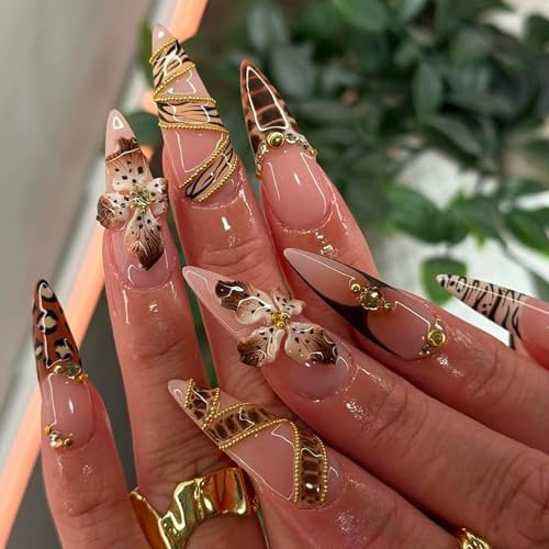 Viugex 24 st franska spetsar press-on-naglar, långa stiletto, maillardfärg, konstgjorda 3D leopardtryck blommor akryl självhäftande lösnaglar, naturliga, avtagbara, självhäftande naglar för kvinnor