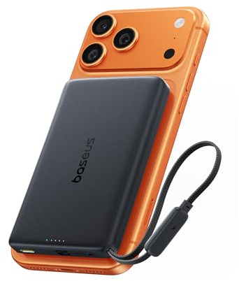 Baseus PicoGo AM52 Power Bank, Qi2.2 Magsafe Powerbank 10000mAh with Cable, Ultra-fast 25W Wireless Charging, PD 45W Fast Charging, Slim Magnetic External Battery for iPhone 17/16 Pro Max, Black