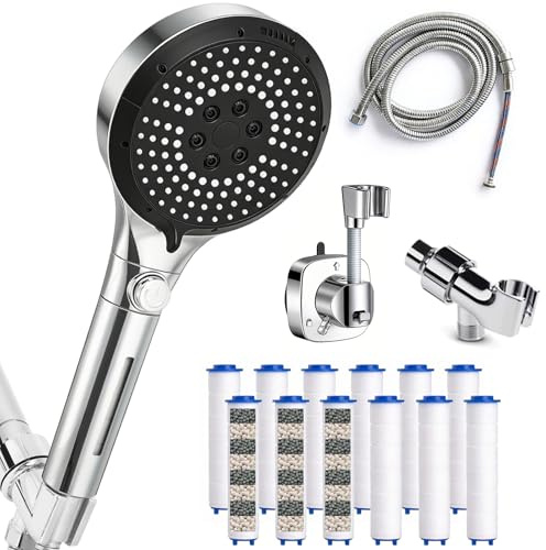 Filtered Shower Head with Handheld - High Pressure 6 Spray Modes Showerhead with Filters, Shower Head With Movable Bracket & 75 Anti-Burst Hose | 12 Replaceable Water Softener Filters for Hard Water