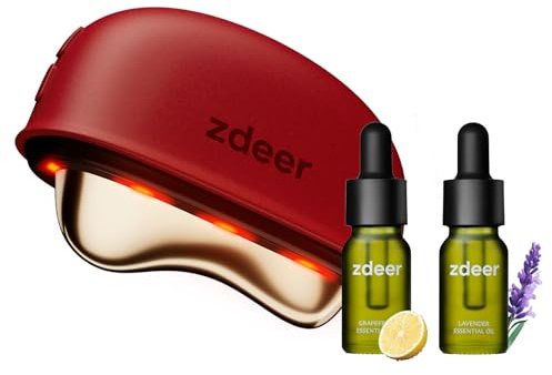 ZDEER GS5 Electric Heated Gua Sha Kit, Red Light Face Massager Tool, Red | Brass Facial Massager for Face & Neck Sculpting, Firming & Skincare, with 2 × 10ml Essential Oils, 3 Heat & Vibration Levels