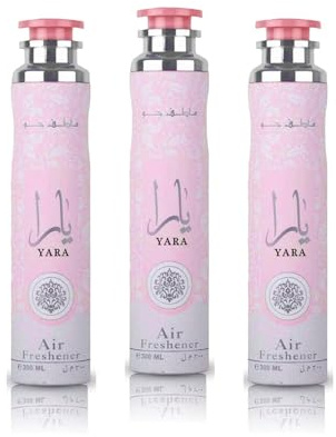 Yara Rosa Fragancia Árabe Ambientador 300 ml, Dulce y Elegante con Notas Florales y de Larga Duración, Fragancia Duradera para Hogar, Oficina, Coche (Yara – Pack 3 unidades) Original