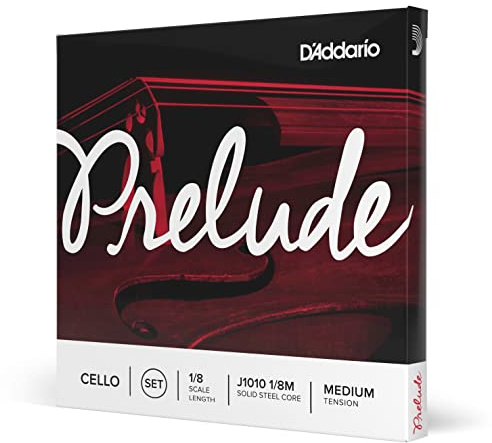 D'Addario J1010 Prelude Cello String Set, 1/8 Scale Medium Tension (1 Set) –Solid Steel Core, Warm Tone, Economical, Durable – Educator’s Choice for Student Strings – Sealed Pouch Prevents Corrosion