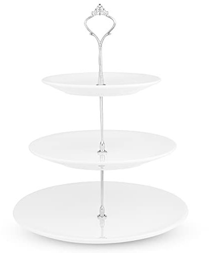 Nyxi White Porcelain 3 Tier Cake Stand - Ceramic Display with New Silver Handle