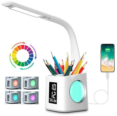 Lampe de bureau LED Eye-Caring Lampe de Table D'étude Port de charge USB Lumière de L'atmosphère Nocturne avec Porte Stylo/Écran Heure/Calendrier 3 Niveaux Dimmable Lampe de Lecture pour Enfants 10W