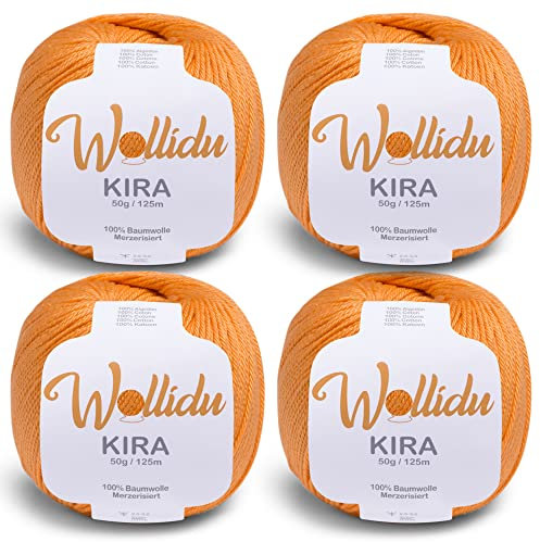 Wollidu Kira 4er-Set mercerisierte Baumwolle – 4×50 g feines Häkelgarn & Strickgarn, 100% Baumwolle, 125 m Lauflänge, uni Orange