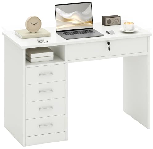 HOMCOM Scrivania per Ufficio e Camera, Scrivania per PC e Computer, in Legno con 5 Cassetti, Piano da Lavoro, 2 Chiavi, Moderna, 110x50x76cm, Bianco