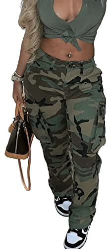 Womens Camo Cargo Pants High Waist Camouflage Slim Fit Trousers with Pockets