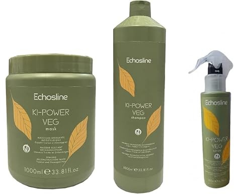 Echos KI POWER VEG Kit di prodotti per capelli - Shampoo e balsamo - Kiwi - Privo di siliconi - Riparazione per capelli danneggiati - 1000 ml shampoo + 200 ml balsamo + 1000 ml crema ricostituente
