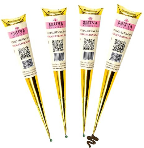 Sattva Ayurveda Natural Brown Henna Tattoo Colour – Perfect for Brown Tattoo Designs and Freckles – Ammonia Free and PPD Free – 4 Cones x 30g