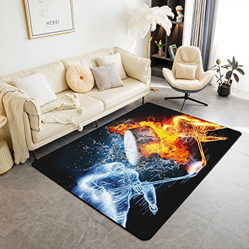 Kinder Eishockey Bereich Teppich 150x200cm Eissport Spiele Teppiche für Wohnzimmer Schlafzimmer Dekor Puck Hockey Indoor Fußmatte Hockey Spieler Orange Blau Akzent Modern Teppich