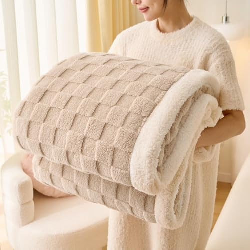 Gracelife Sherpa-Überwurfdecke, Fleecedecke, doppelt, weich, flauschig, warm, Überwurf für Bett und Couch, große, Dicke Decke für alle Jahreszeiten, Beige 2, 203,2 x 228,6 cm, massiv