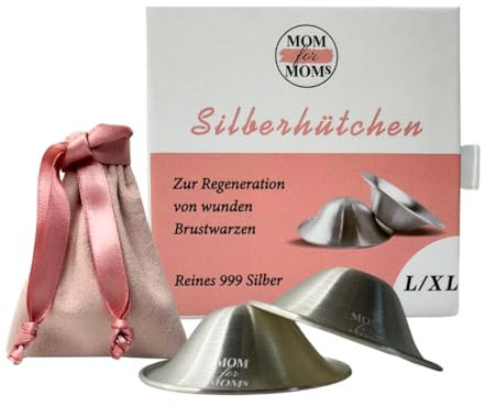 Mom for Moms Silberhütchen 999er Silber/natürliche Wundheilung der Brustwarzen/für ein angenehmes Stillen und Wochenbett/mehr Platz und Schutz der Brustwarzen/Stillzubehör 2 Stk (L/XL)