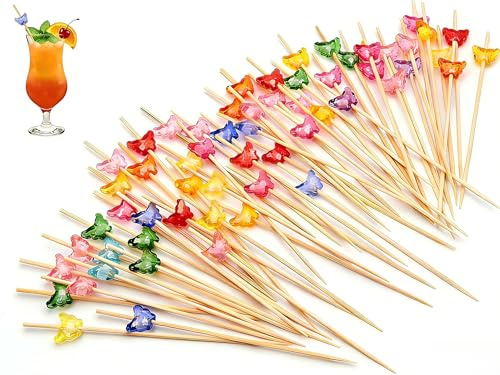 PERSENTU 100PCS Cocktail Picks, 12cm Crystal-Like Butterfly Bamboo Cocktail Sticks, Decorative Toothpicks for Fruits, Desserts, Drinks, Party Supplies