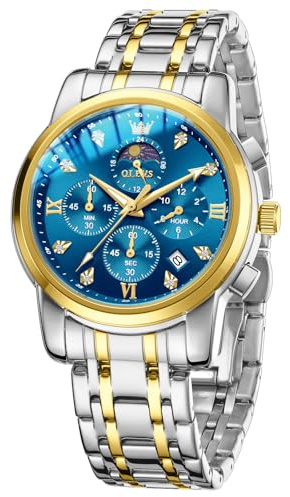 OLEVS Men Skeleton Watches Stainless Steel Analog Quartz Moon Phase Male Diamond Multi Calendar Chronograph Waterproof Wrist Watch for Men