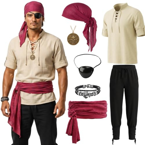 SERTAS 7 Pieces Pirate Costume,Halloween Costumes Men,Pirate Costume Adult Men,PirateOutfit Halloween Costumes for Carnival,Cosplay Parties