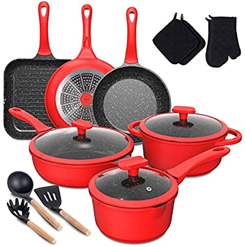 Köksgryta, kastruller och stekpannor set, grytset 16 delar med non-stick granitbeläggning, induktionskokkärl lätt att rengöra