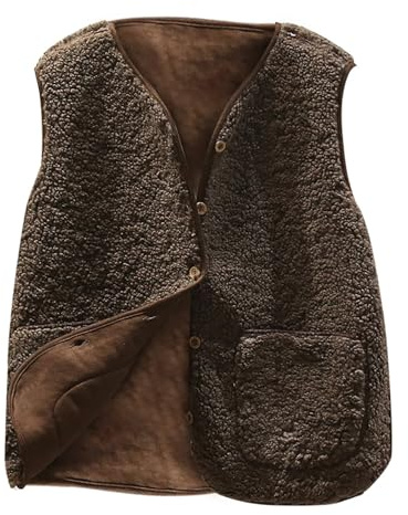 Gilet Sans Manches Femme Polaire Manteaux Sans Manches Fourrure Blouson Laine Couleur Unie Veste Bouton Matelassée Manteaux avec Poches Gilet Chaud Femme Loisirs Col V Polaire Agneau Épais Coup