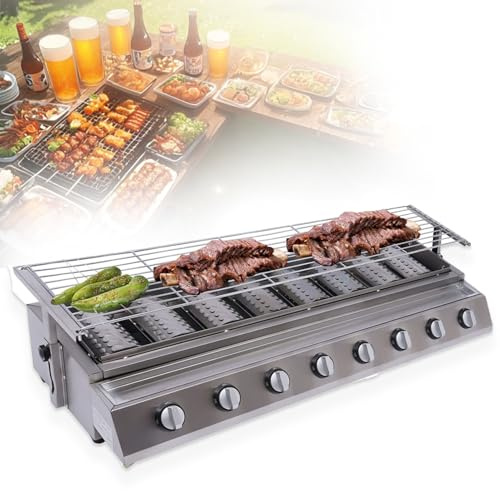 MINHUIJIHUI Barbecue Gaz 4/8 Brûleurs pour Extérieur - Plancha en Acier Inoxydable - Brûleur avec Allumage Séparé - Hauteur Réglable 0-9Cm Bac Coulissant Camping