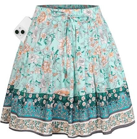 Kate Kasin Women's Boho Mini Skort with Pockets, Blue Green Floral Skirts with Shorts, Summer Beach Vacation Concert Outfits