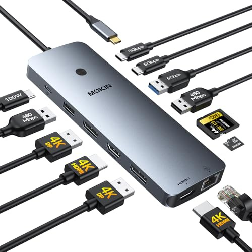 Estación de acoplamiento para portátil con 3 monitores, USB C Hub con 2 HDMI 2DP, RJ45 Ethernet, USB C/A de 5 Gbit/s, 100W PD SD/microSD para Dell/HP/Lenovo - MOKiN