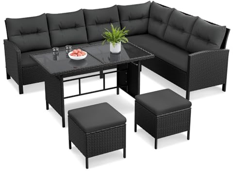 Yaheetech Set Mobili da Giardino in Rattan PE con 1 Divano ad Angolo 1 Tavolo 2 Pouf, Mobili Esterni 7 Posti con Cuscini per Patio Balcone Terrazza, Nero e Grigio