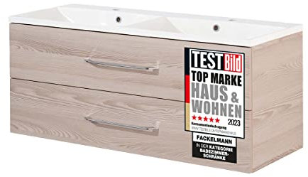 FACKELMANN Waschtischunterschrank inkl. Doppel-Gussbecken B.CLEVER/Soft-Close-System/Maße (B x H x T): ca. 120 x 48,5 x 46 cm/Möbel fürs WC oder Badezimmer/Schrank: Braun hell/Becken: Weiß