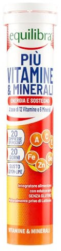 equilibra Integratori Alimentari, Più Vitamine e Minerali, Integratore Multivitamine con 12 Vitamine e 6 Minerali per Efficienza e Vitalità, Gusto Lemon Lime, 20 Compresse Effervescenti