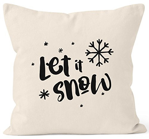 Autiga Kissenbezug Let it Snow Winter Weihnachten Spruch Schnee Eiskirstalle Schneeflocken Kissen-Hülle Deko-Kissen Baumwolle Natur 40cm x 40cm