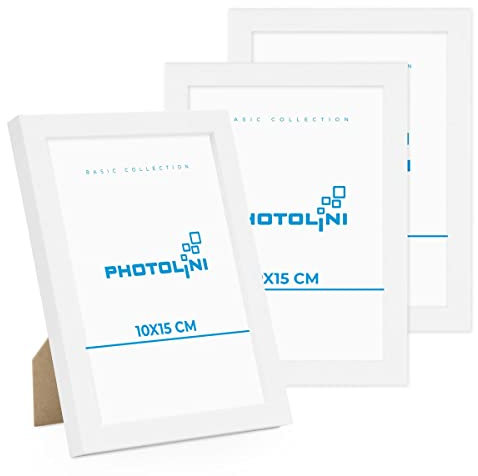 PHOTOLINI Bilderrahmen 10x15 Weiß MDF-Holz, 3er Set Poster-Rahmen, bruchsicheres Acrylglas, zum Aufhängen & Aufstellen, extra Zubehör - für Fotos & Poster