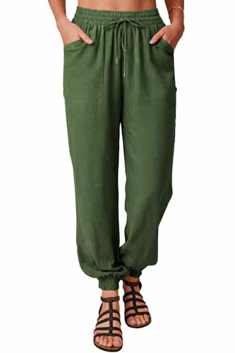 Nuofengkudu Womens Baggy Cuffed Harem Pants with Pockets Drawstring Hippie Ankle Tapered Comy Plain Trousers Genie Pantaloons Lounge Wear Yoga Solid Work Summer Bottoms Casual Pyjamas-Dark Green-M