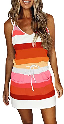 Sommarklänning dam, korta klänningar med V-ringning, elegant spagettiklänning, axelbandsklänning, lös knälång klänning, ränder, lös t-shirtklänning, strandklänning, miniklänning med bälte och ficka, apelsin, L