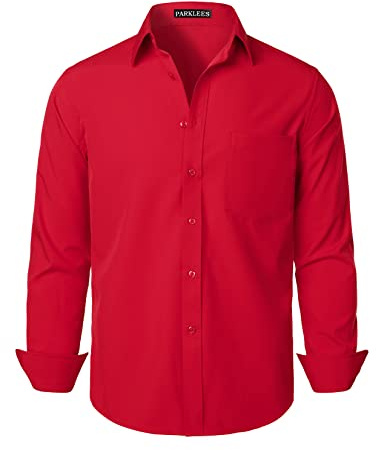 PARKLEES Chemise pour homme, coupe normale, couleur unie, infroissable, manches longues, décontractée, business, boutonnage, chemises avec poche, rouge, M