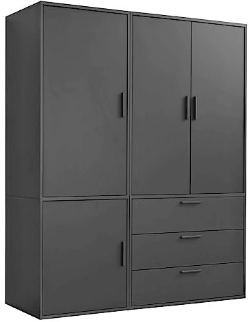 mokebo Kleiderschrank (150x187 cm) aus Holz in Schwarz 4-türig & 3 Schubladen 'Der Grenzenlose' Schlafzimmerschrank modular & kombinierbar, Garderobenschrank, Flurschrank, Drehtürenschrank, Schrank