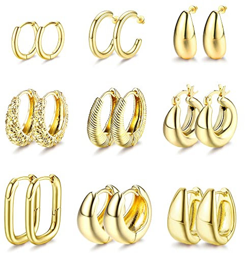 JeweBella 9 Paar Gold Creolen Ohrringe Set für Damen & Mädchen - 14K Vergoldet, Hypoallergen, Chunky, Kleine Gold Creolen Set, Modeschmuck