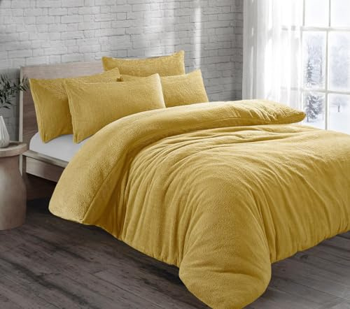 Brit House Teddy Bear Fur Sherpa Fleece Duvet Cover Set Pillowcases Bed Linen Super Soft Cosy Warm Winter Quilt Cover Bedding Set (Mustard, King)