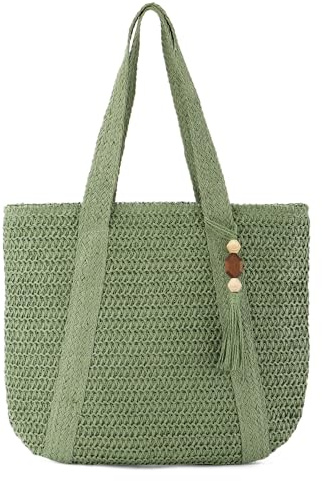 Syrads Bolso de playa de paja para mujer Bolso de mano tejido de verano Bolso de hombro Bolsos boho Hobo,Verde