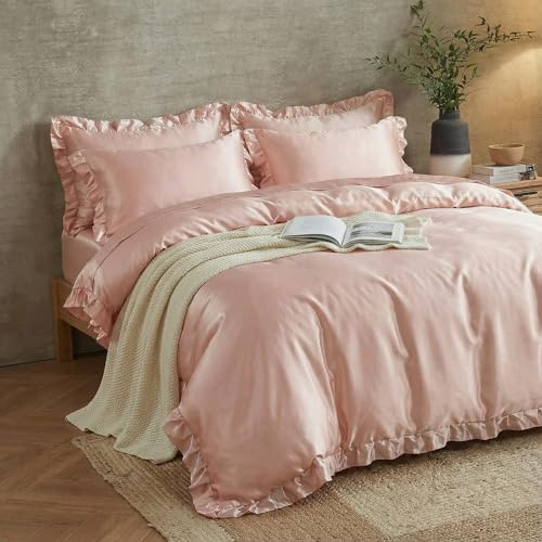 Herside Rosa Satin Påslakanset Boho Volang Sängkläder Siden-Som Volanglakan Lugg Silkeslent Set Enkel 1 Flickor Påslakan 1 Örngott (Rosa, Storbritannien Enkel)