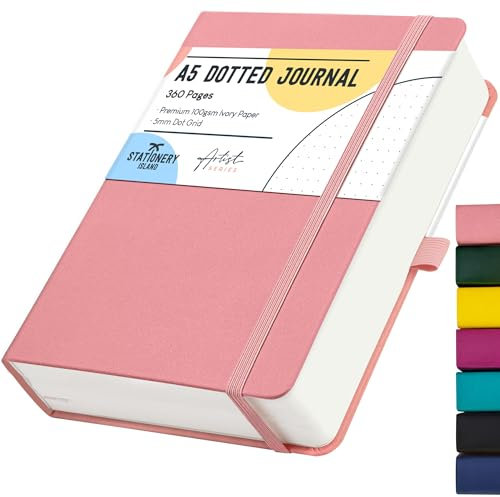 STATIONERY ISLAND Bullet Dotted Journal A5, Notizbuch Dotted, 100 g/m² Dickes Papier, 360 Seiten, Hardcover-Tagebuch mit Stifthalter, Innentasche, 2 Lesezeichen